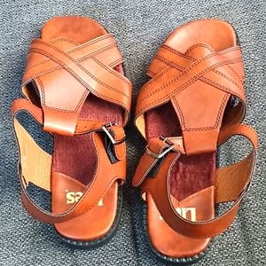men's Lites brown tan leather adjustable strap sandals with terry cloth liners.